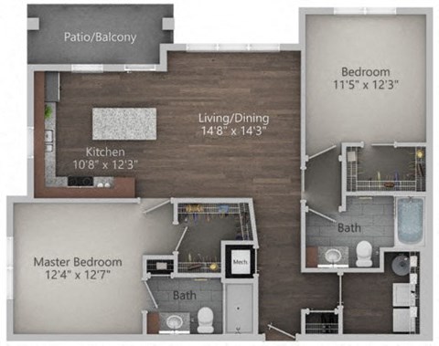 Floor plan for 2 beds, 2 baths, 1119 sqft